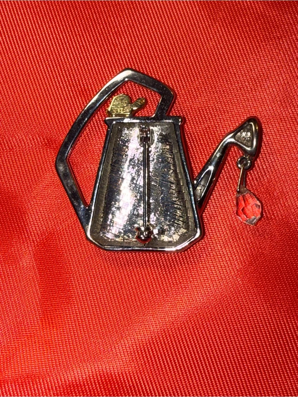 Vintage Silver Gold Tone Watering Can Crystal Droplet Brooch Pin